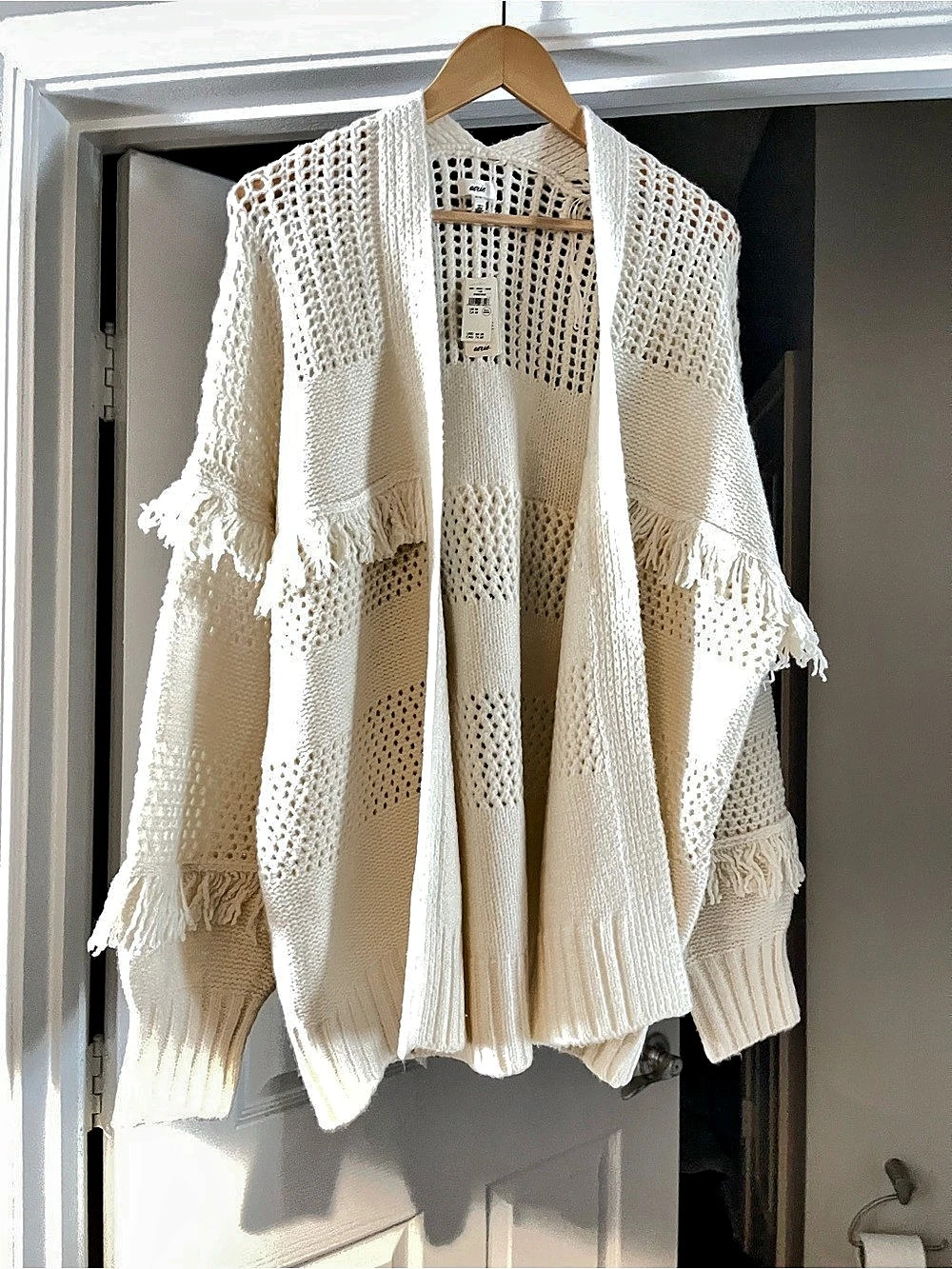 Aerie Fringe Sleeve Sweater Open Knit Cream Medium NWT